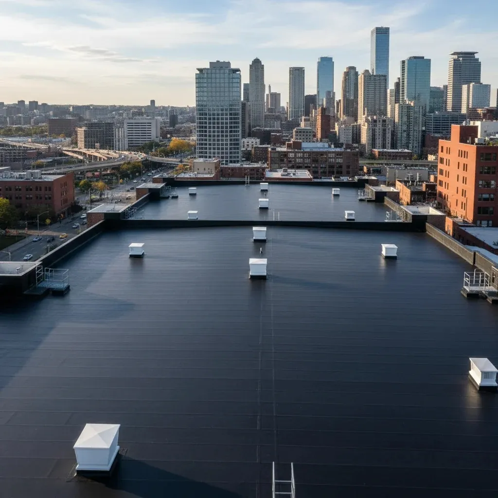 Professional EPDM rubber membrane installation on commercial building flat roof in Bergen County