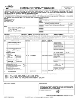 Certificate of Liability Insurance - Genc Construction LLC