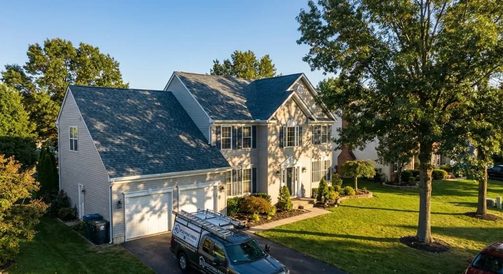 Completed residential roof replacement project with architectural shingles in Bergen County NJ by Genc Construction