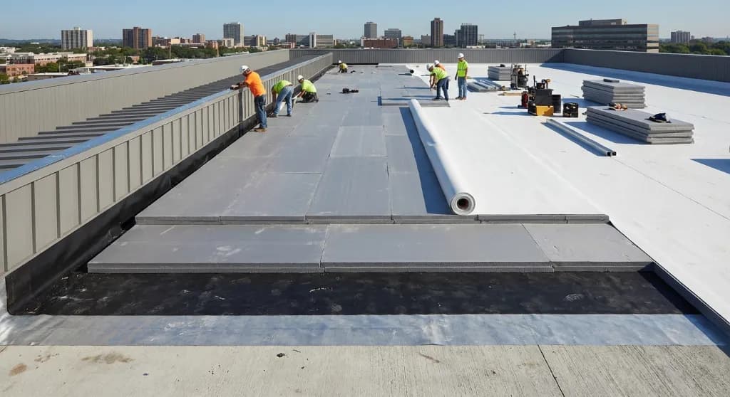 Professional spray foam roof insulation installation on industrial building in Jersey City NJ
