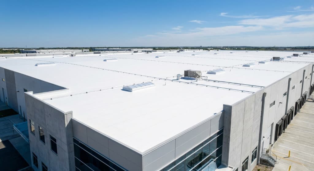 White TPO membrane commercial roof installation with heat-welded seams in Newark NJ